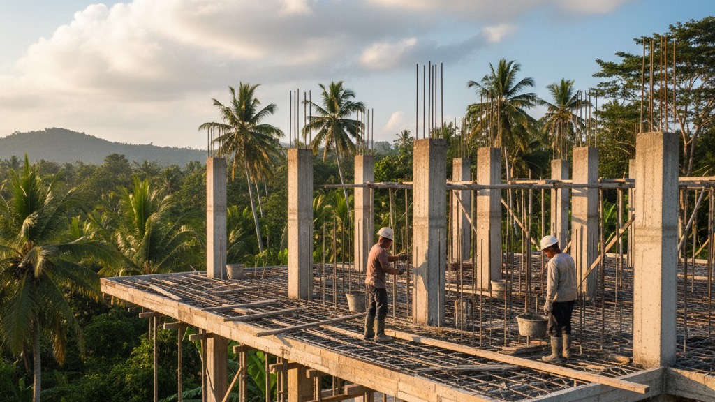 Construction workers building a villa in Bali surrounded by tropical palms