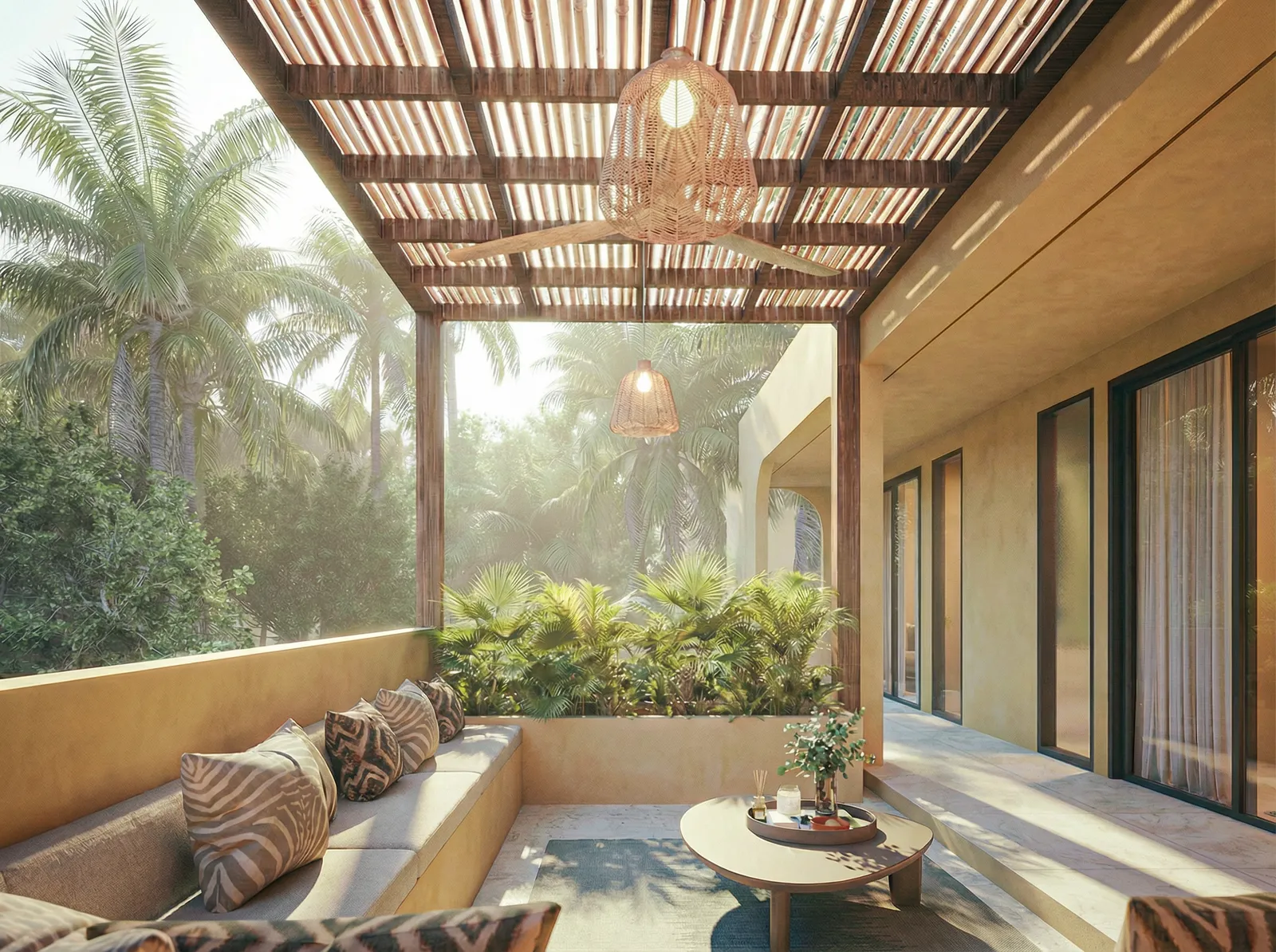 Bali tropical landscape with rice terraces and palm trees